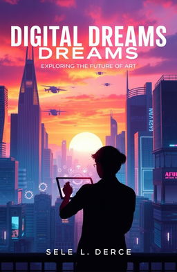 A stunning digital art book cover featuring a futuristic cityscape at sunset, with vibrant colors blending orange, pink, and purple hues in the sky