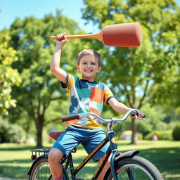 A young boy sitting on a vintage bicycle, smiling while holding a large mallet above his head triumphantly