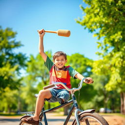 A young boy sitting on a vintage bicycle, smiling while holding a large mallet above his head triumphantly