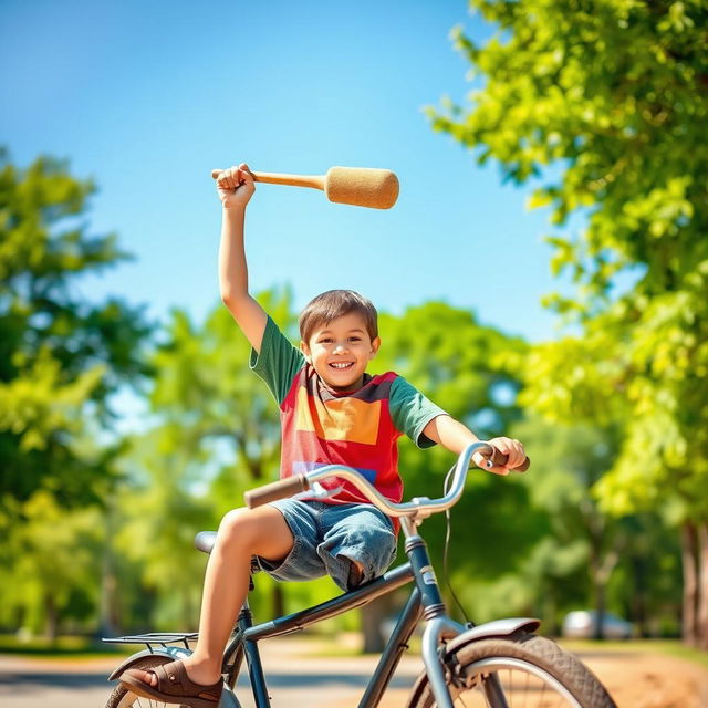 A young boy sitting on a vintage bicycle, smiling while holding a large mallet above his head triumphantly