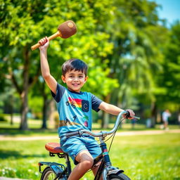 A young boy sitting on a vintage bicycle, smiling while holding a large mallet above his head triumphantly