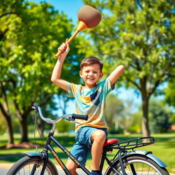 A young boy sitting on a vintage bicycle, smiling while holding a large mallet above his head triumphantly