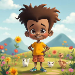 A surreal cartoon of a confident young boy standing proudly with exaggerated features in a whimsical, colorful landscape