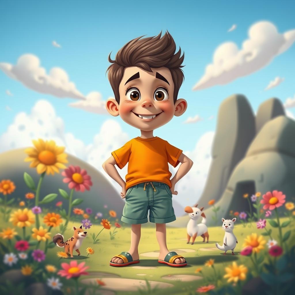 A surreal cartoon of a confident young boy standing proudly with exaggerated features in a whimsical, colorful landscape