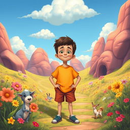 A surreal cartoon of a confident young boy standing proudly with exaggerated features in a whimsical, colorful landscape