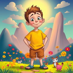 A surreal cartoon of a confident young boy standing proudly with exaggerated features in a whimsical, colorful landscape