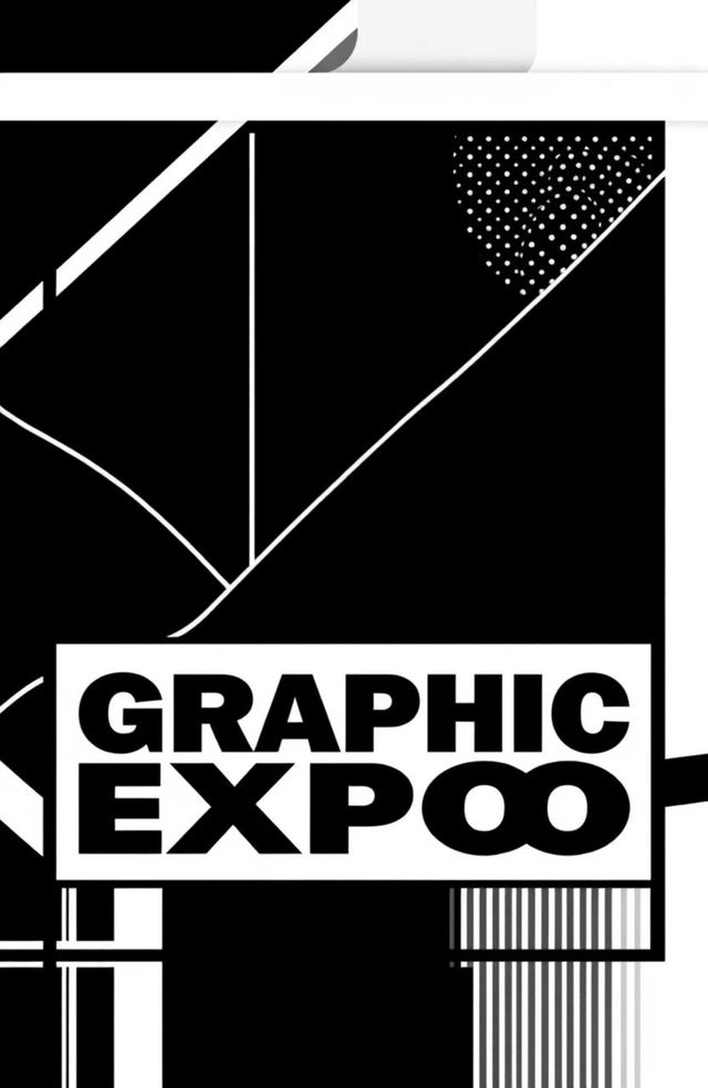 A square black and white cover for an art album titled 'Graphic Expo', showcasing modern graphic elements