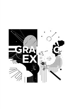 A square black and white cover design for an art album titled 'Graphic Expo', featuring a composition of modern graphic elements