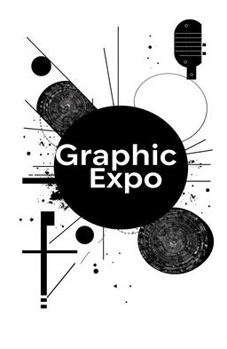 A square black and white cover design for an art album titled 'Graphic Expo', featuring a composition of modern graphic elements