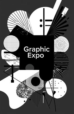 A square black and white cover design for an art album titled 'Graphic Expo', featuring a composition of modern graphic elements