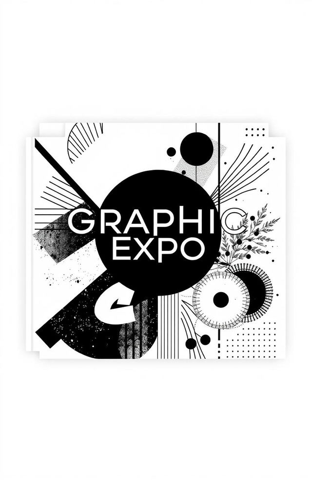 A square black and white cover design for an art album titled 'Graphic Expo', featuring a composition of modern graphic elements