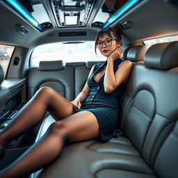 A sexy and gorgeous Japanese secretary lounging inside a luxurious limousine, exuding glamour and sophistication
