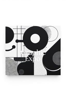 A square black and white album cover for an art collection titled 'Graphic Expo', featuring modern graphic elements such as abstract shapes, bold lines, geometric patterns, and intricate textures