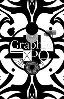 A square black and white album cover for an art collection titled 'Graphic Expo', featuring modern graphic elements such as abstract shapes, bold lines, geometric patterns, and intricate textures