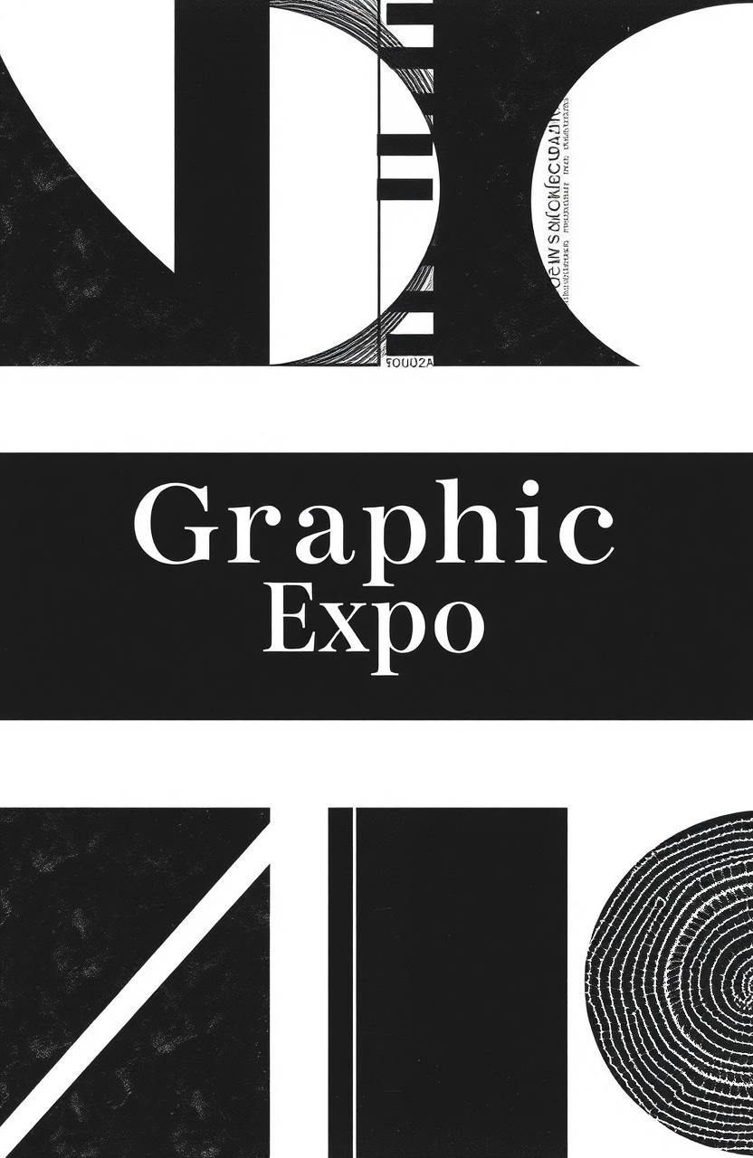 A square black and white album cover for an art collection titled 'Graphic Expo', featuring modern graphic elements such as abstract shapes, bold lines, geometric patterns, and intricate textures