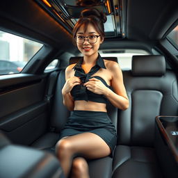 A sexy and gorgeous Japanese secretary in a luxurious limousine, wearing a short black skirt and black stockings that accentuate her figure