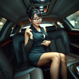 A sexy and gorgeous Japanese secretary in a luxurious limousine, wearing a short black skirt and black stockings that accentuate her figure