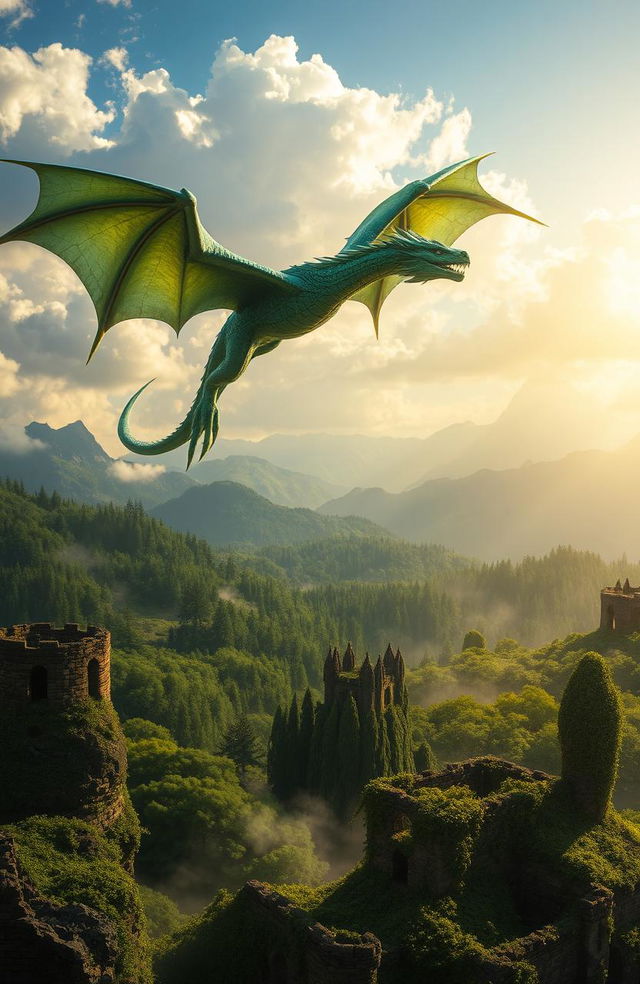 An epic fantasy landscape depicting a majestic dragon soaring above ancient ruins, with vibrant green forests and towering mountains in the background