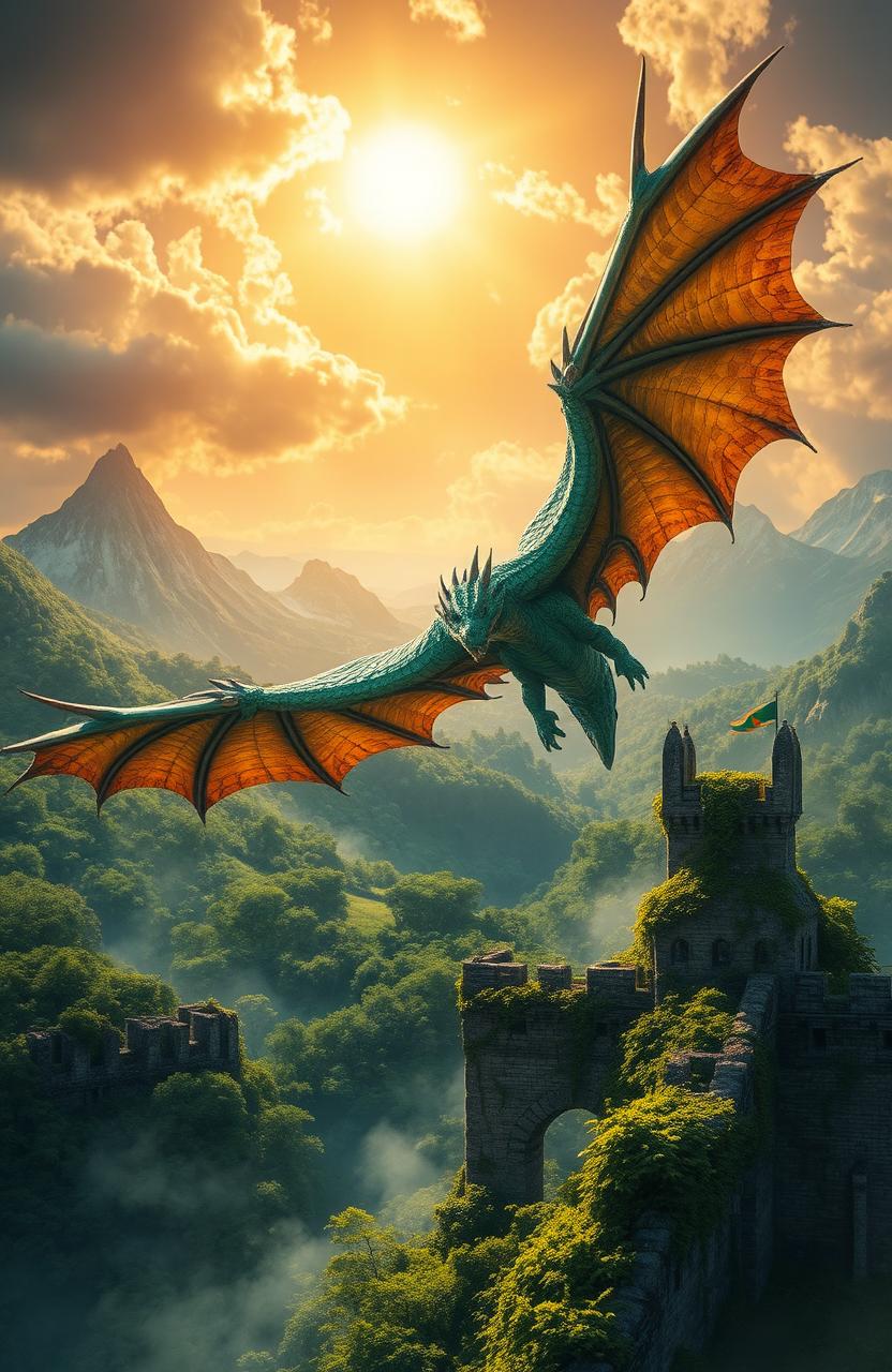 An epic fantasy landscape depicting a majestic dragon soaring above ancient ruins, with vibrant green forests and towering mountains in the background