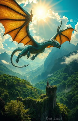 An epic fantasy landscape depicting a majestic dragon soaring above ancient ruins, with vibrant green forests and towering mountains in the background