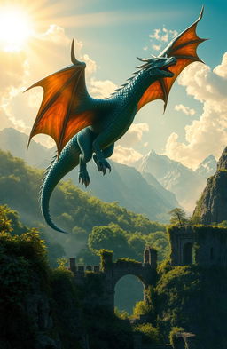 An epic fantasy landscape depicting a majestic dragon soaring above ancient ruins, with vibrant green forests and towering mountains in the background