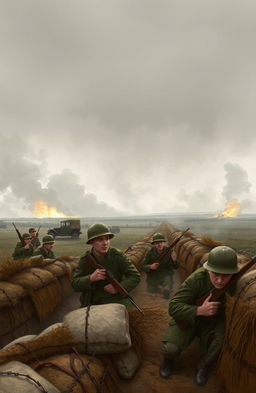 A historical illustration of a World War I battlefield, showcasing soldiers in trench warfare surrounded by barbed wire and sandbags