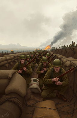 A historical illustration of a World War I battlefield, showcasing soldiers in trench warfare surrounded by barbed wire and sandbags
