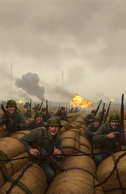 A historical illustration of a World War I battlefield, showcasing soldiers in trench warfare surrounded by barbed wire and sandbags