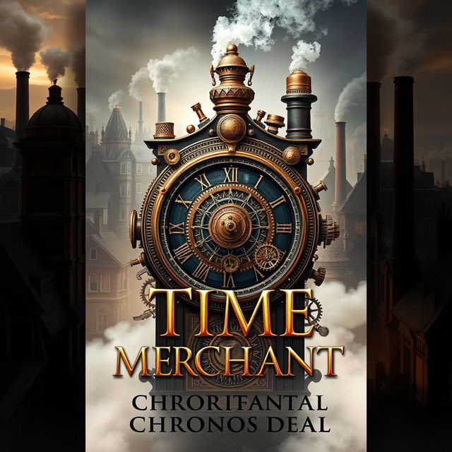 A visually striking book cover for 'The Time Merchant' by Chronos Deal, featuring a majestic steampunk time machine adorned with intricate clockwork gears and cogs