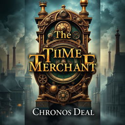 A visually striking book cover for 'The Time Merchant' by Chronos Deal, featuring a majestic steampunk time machine adorned with intricate clockwork gears and cogs