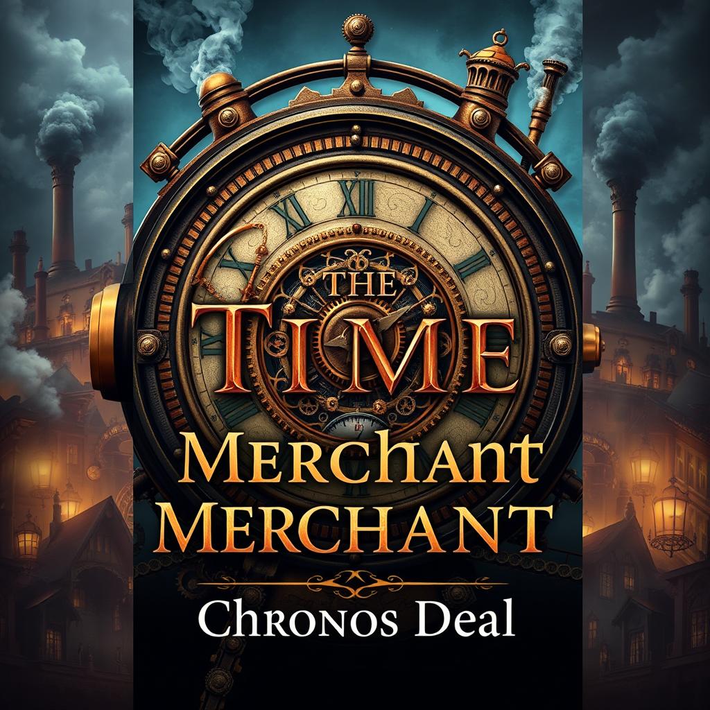 A visually striking book cover for 'The Time Merchant' by Chronos Deal, featuring a majestic steampunk time machine adorned with intricate clockwork gears and cogs