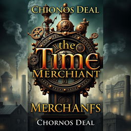 A visually striking book cover for 'The Time Merchant' by Chronos Deal, featuring a majestic steampunk time machine adorned with intricate clockwork gears and cogs