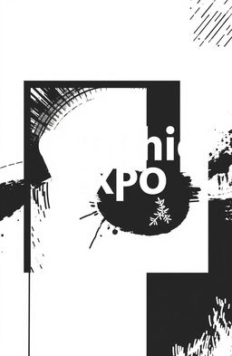 A square black and white cover design for an art album titled 'Graphic Expo', featuring modern graphic elements such as abstract shapes, lines, and textures