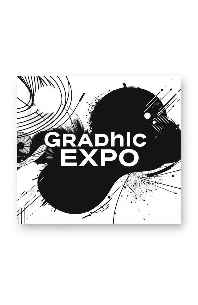 A square black and white cover design for an art album titled 'Graphic Expo', featuring modern graphic elements such as abstract shapes, lines, and textures