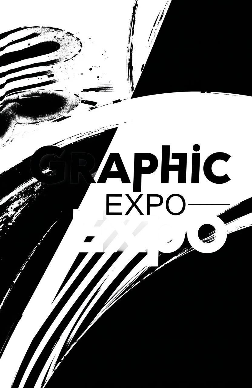 A square black and white cover design for an art album titled 'Graphic Expo', featuring modern graphic elements such as abstract shapes, lines, and textures