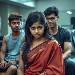 A sad 19-year-old girl wearing a traditional saree, sitting in a gym setting with two guys