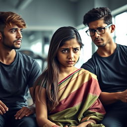 A sad 19-year-old girl wearing a traditional saree, sitting in a gym setting with two guys