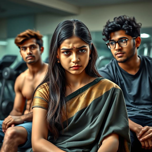 A sad 19-year-old girl wearing a traditional saree, sitting in a gym setting with two guys