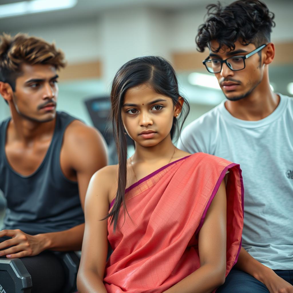 A sad 19-year-old girl wearing a traditional saree, sitting in a gym setting with two guys