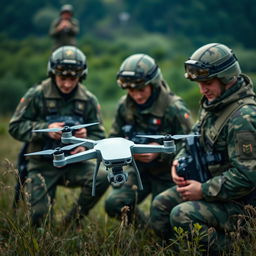 A captivating image of Russian soldiers in military uniform, actively engaging with Mavic drones