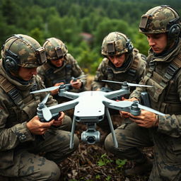 A captivating image of Russian soldiers in military uniform, actively engaging with Mavic drones