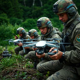 A captivating image of Russian soldiers in military uniform, actively engaging with Mavic drones
