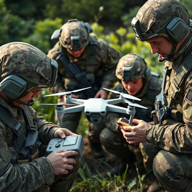 A captivating image of Russian soldiers in military uniform, actively engaging with Mavic drones