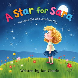 A whimsical cover illustration of Sara, a little girl with curly, golden hair and a sparkling smile, gazing up at a starry sky filled with twinkling stars and a bright moon