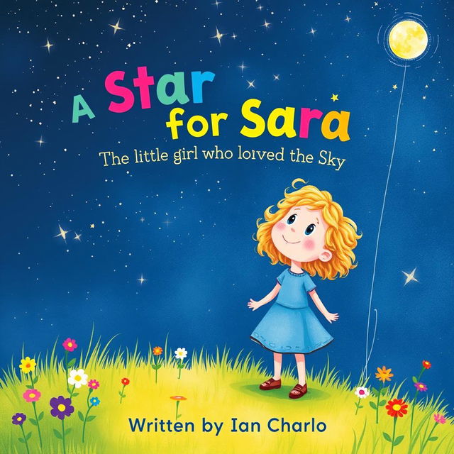 A whimsical cover illustration of Sara, a little girl with curly, golden hair and a sparkling smile, gazing up at a starry sky filled with twinkling stars and a bright moon