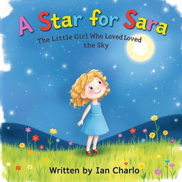 A whimsical cover illustration of Sara, a little girl with curly, golden hair and a sparkling smile, gazing up at a starry sky filled with twinkling stars and a bright moon
