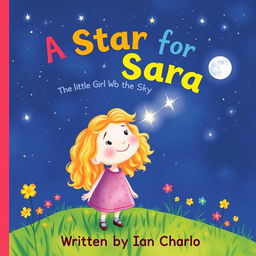 A whimsical cover illustration of Sara, a little girl with curly, golden hair and a sparkling smile, gazing up at a starry sky filled with twinkling stars and a bright moon