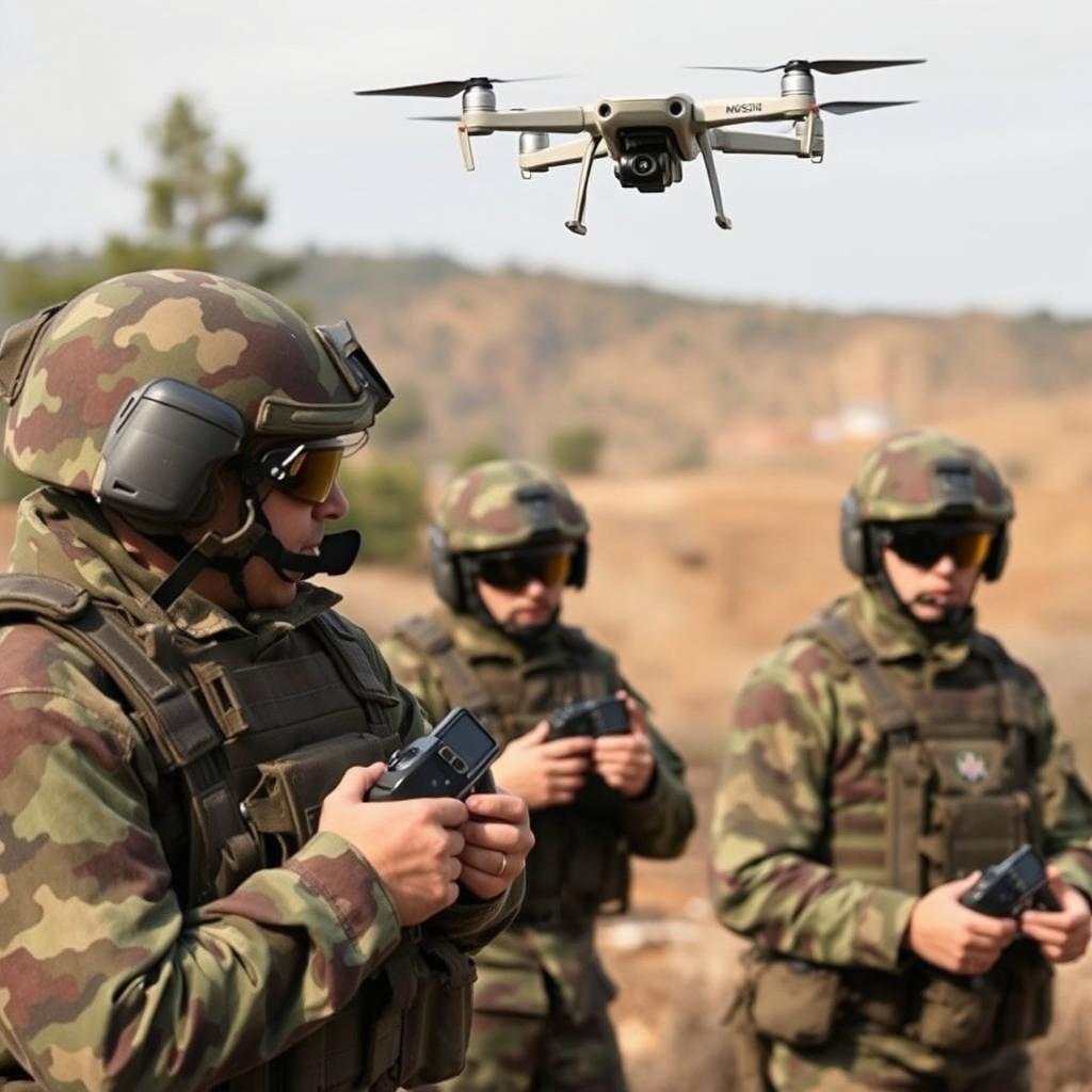 Military personnel dressed in Russian pixelated camouflage uniforms, actively operating Mavic drones in an outdoor setting