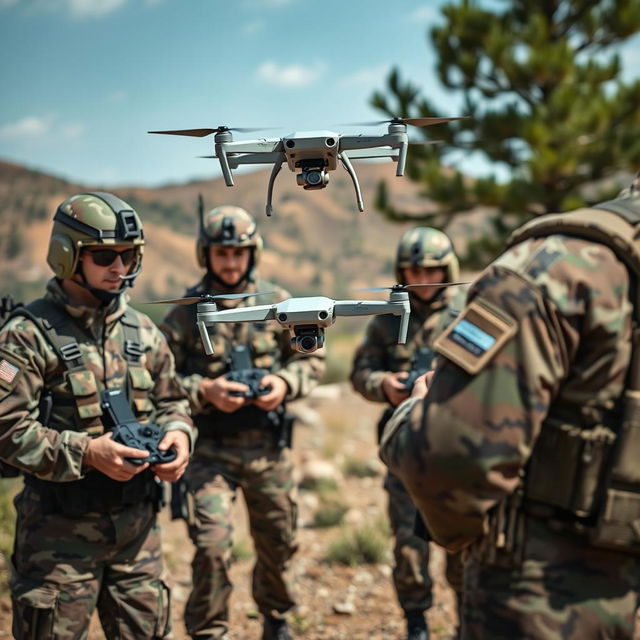 Military personnel dressed in Russian pixelated camouflage uniforms, actively operating Mavic drones in an outdoor setting