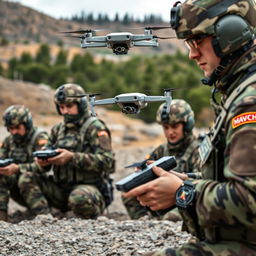 Military personnel dressed in Russian pixelated camouflage uniforms, actively operating Mavic drones in an outdoor setting